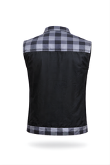 Men's Denim Style Leather Vest Black & Grey Check - OZ MOTOGEAR