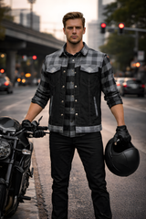 Men's Denim Style Leather Vest Black & Grey Check - OZ MOTOGEAR
