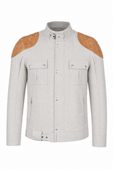 Men’s Leather & Canvas Jacket Off-White - OZ MOTOGEAR