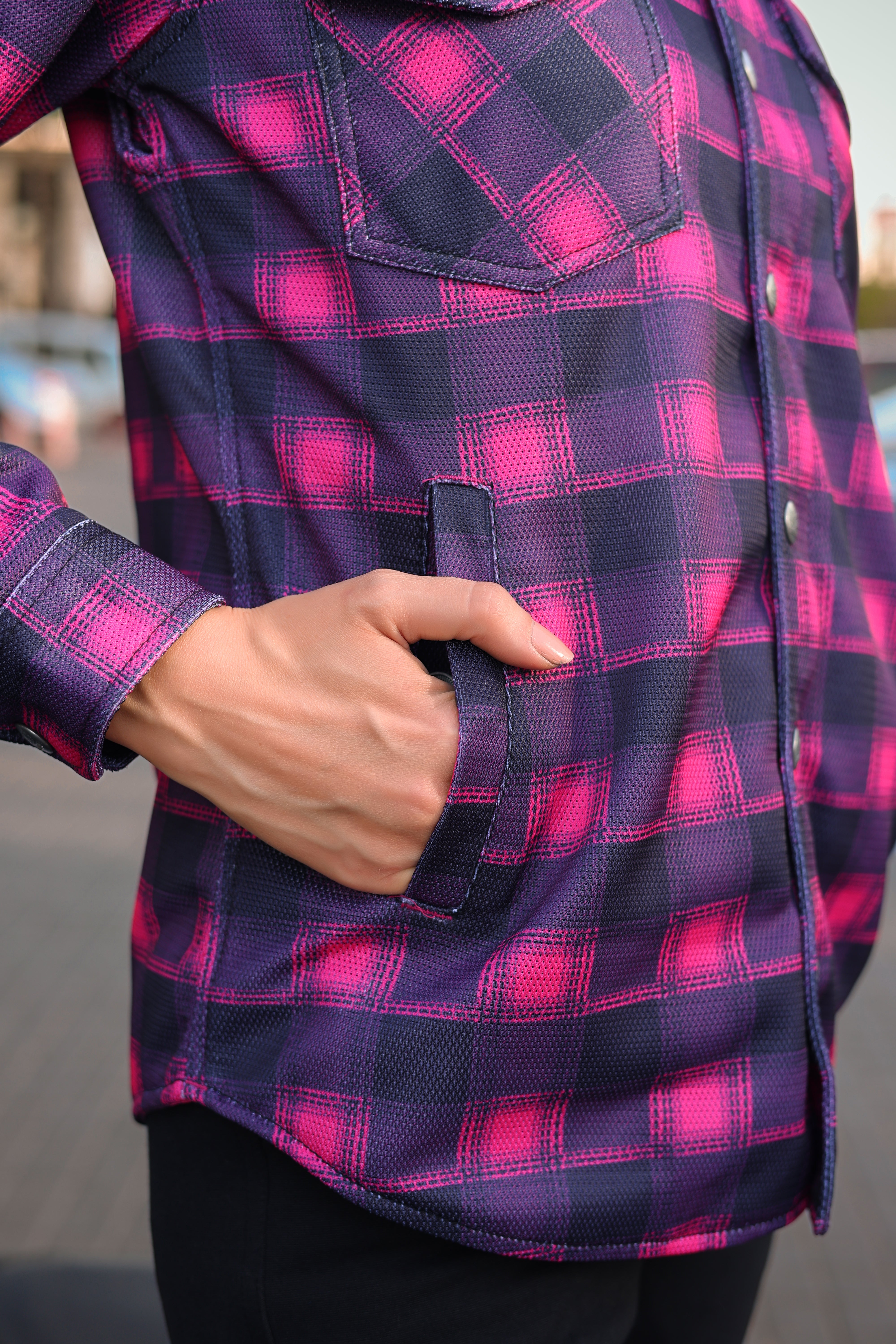 Ladies Pink Plaid Protective Mesh Shirt