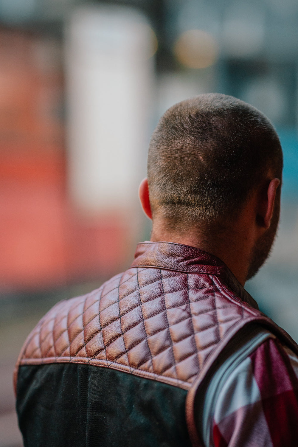 back of Denim Combo Leather Vest