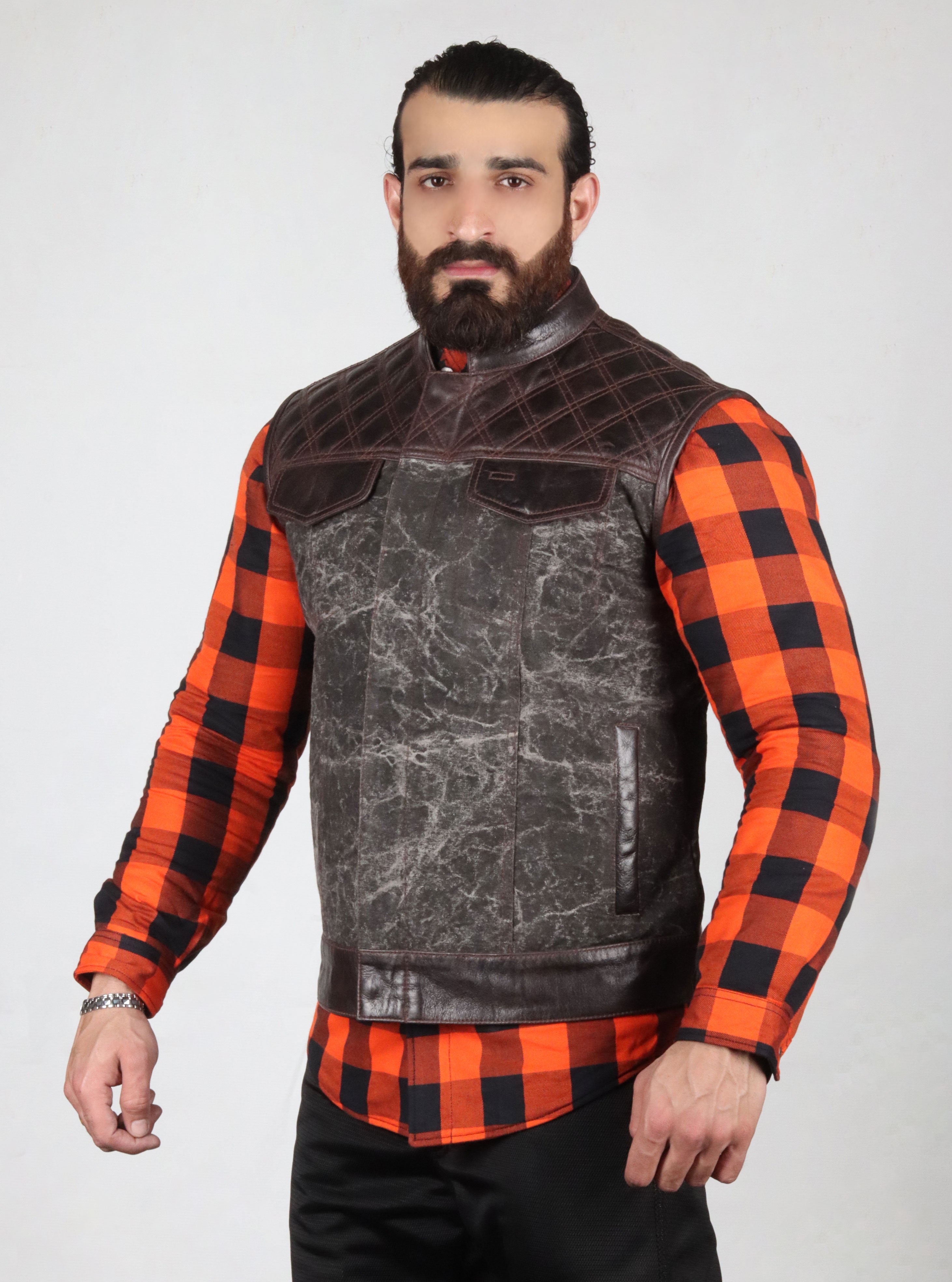Motorbike Vest distressed dark brown marble-textured