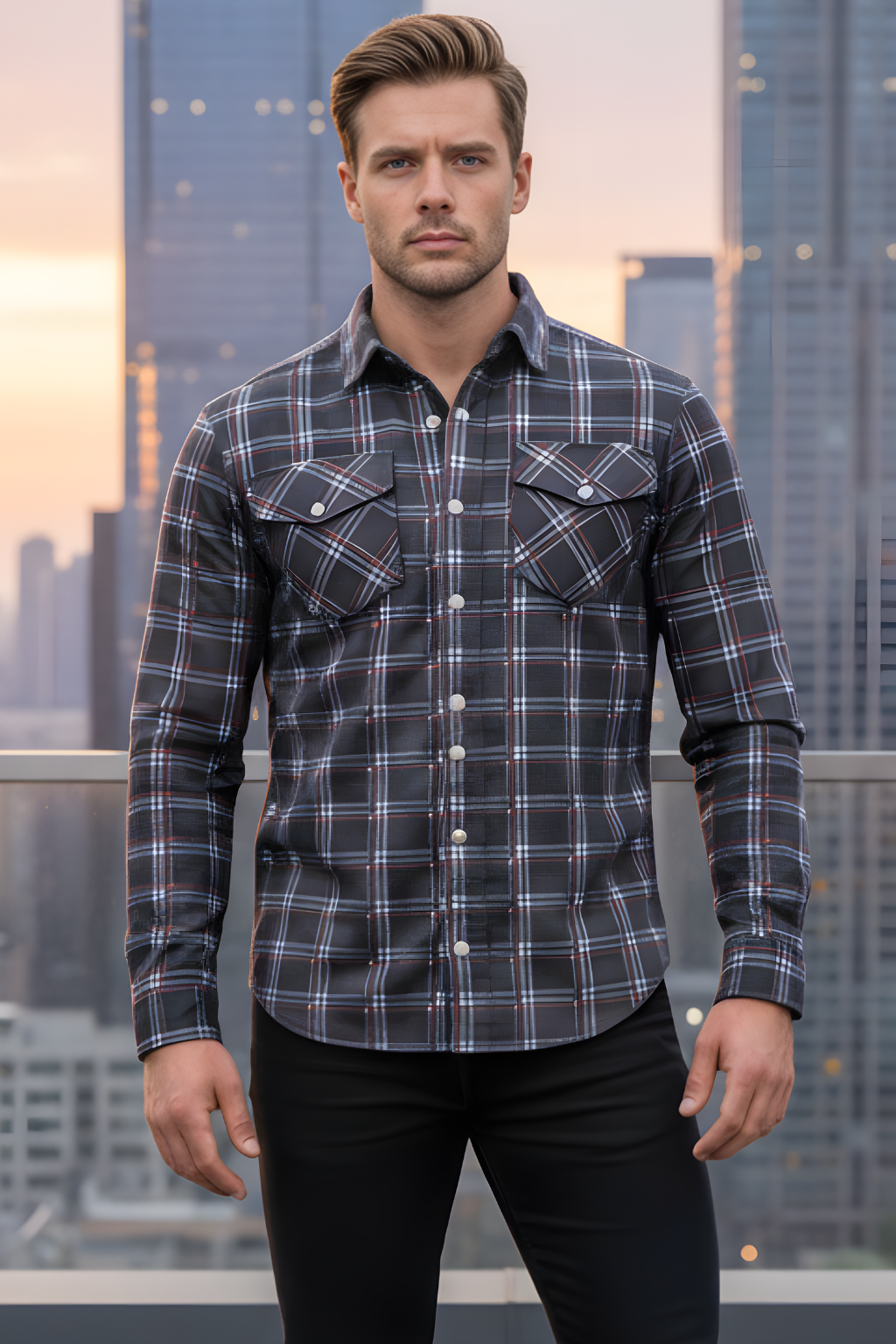 Dark Blue Check with Red Boxes Armored Men`s Mesh Shirt – Summer Motorcycle Mesh Shirt with Level 2 Protection