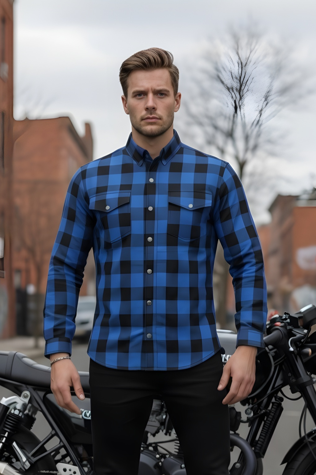 Blue and Black Flannel- CE AA Rated Fully Kevlar Lined