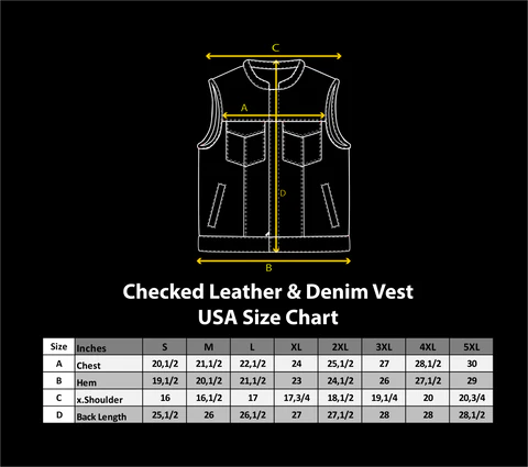Men's Denim Style Leather Vest Black & Grey Check - OZ MOTOGEAR